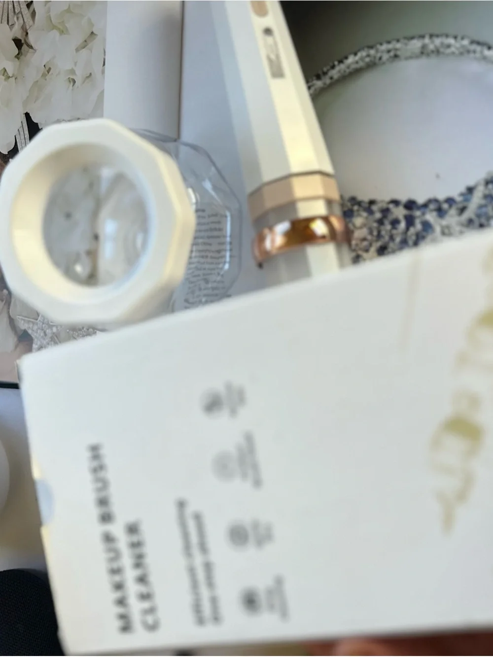 Electric Makeup Brush Cleaner in White with Rose Gold Accent